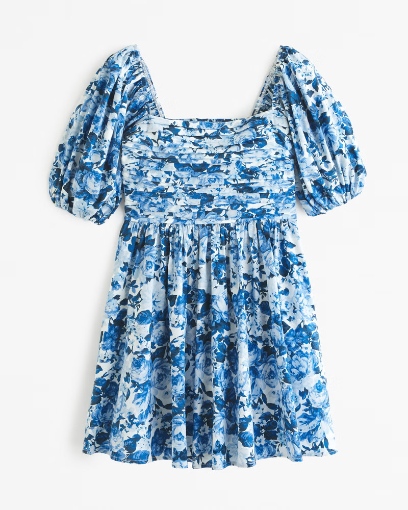 Abercrombie & Fitch Women's The A&F Emerson Waisted Poplin Mini Dress in Blue Floral - Size L TALL | Abercrombie & Fitch (US)