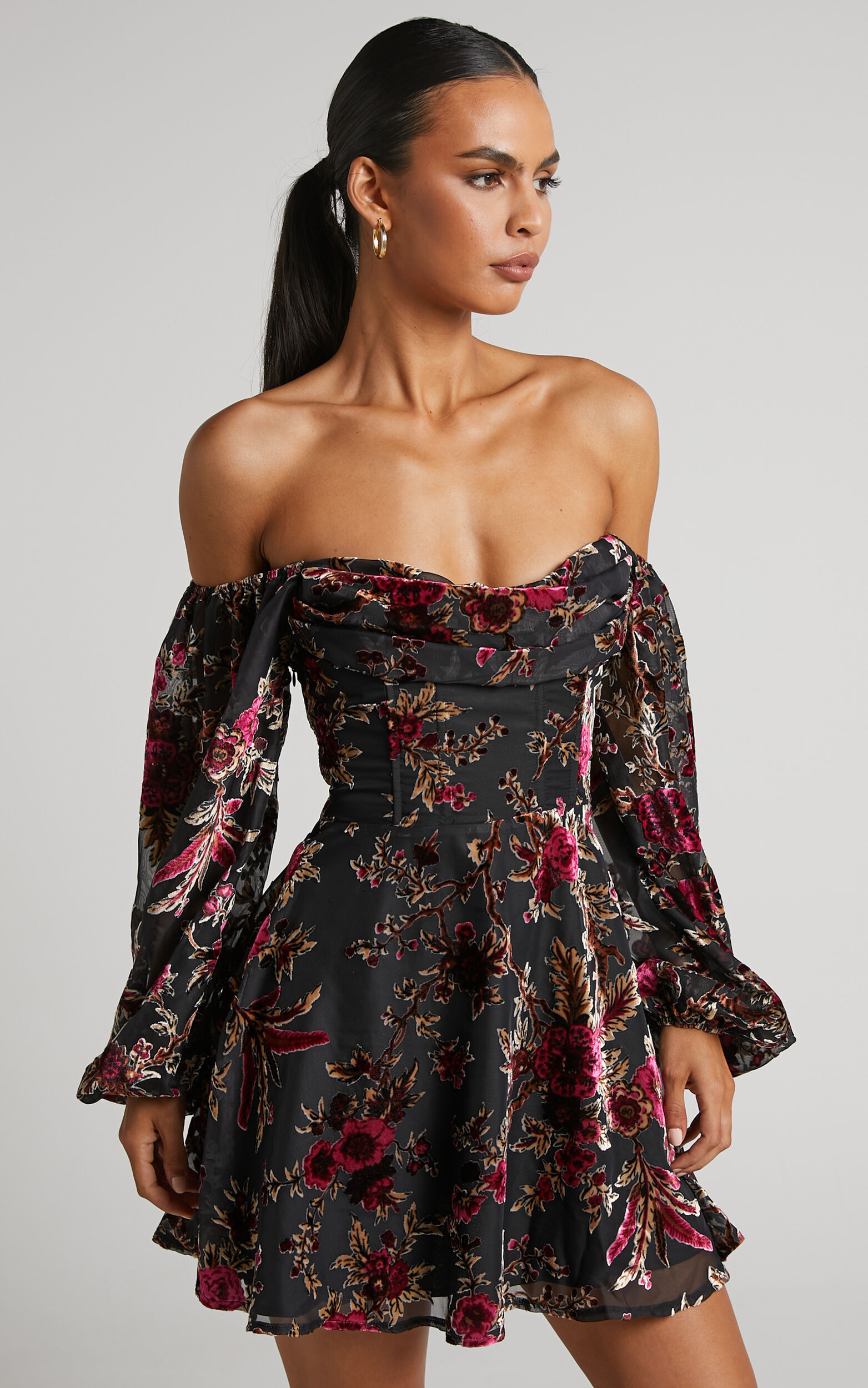 Jessell Mini Dress - Long Sleeve Cowl Corset Dress in Black Floral | Showpo (US, UK & Europe)