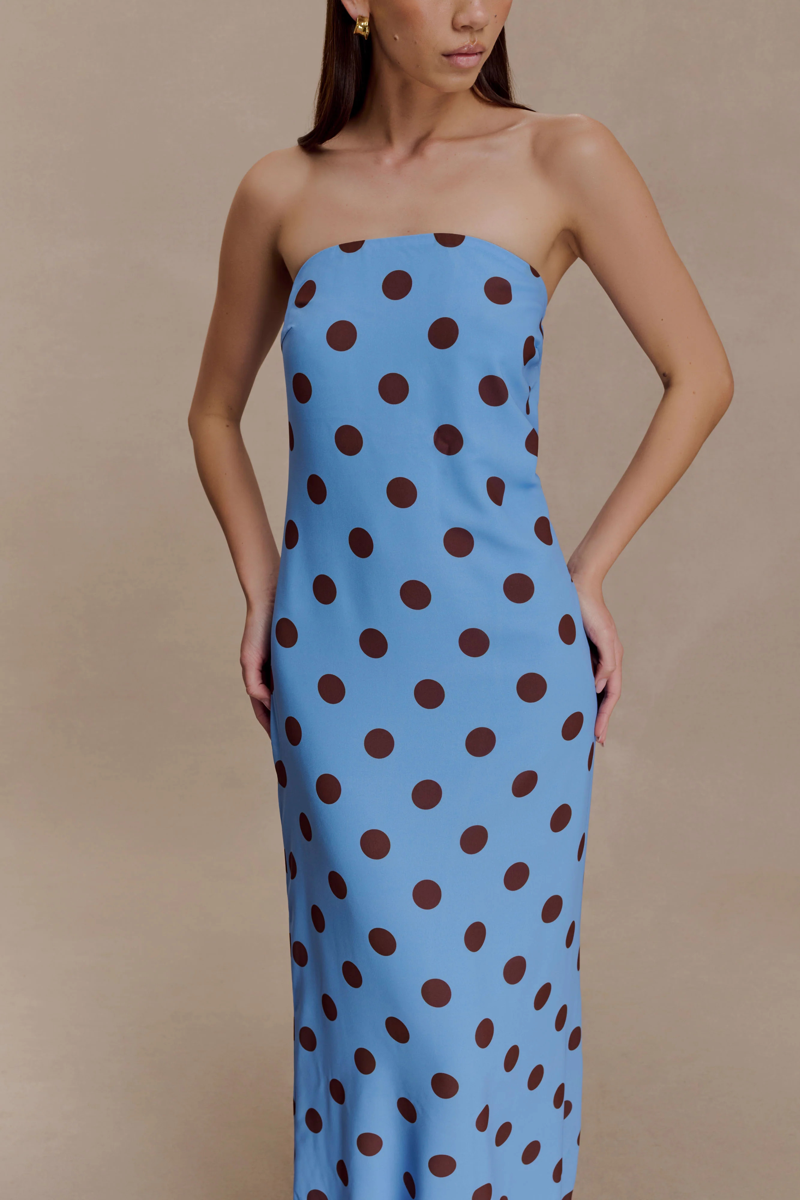 Amaya Strapless Chiffon Maxi Dress - Blue Polka Dot | Meshki (APAC)