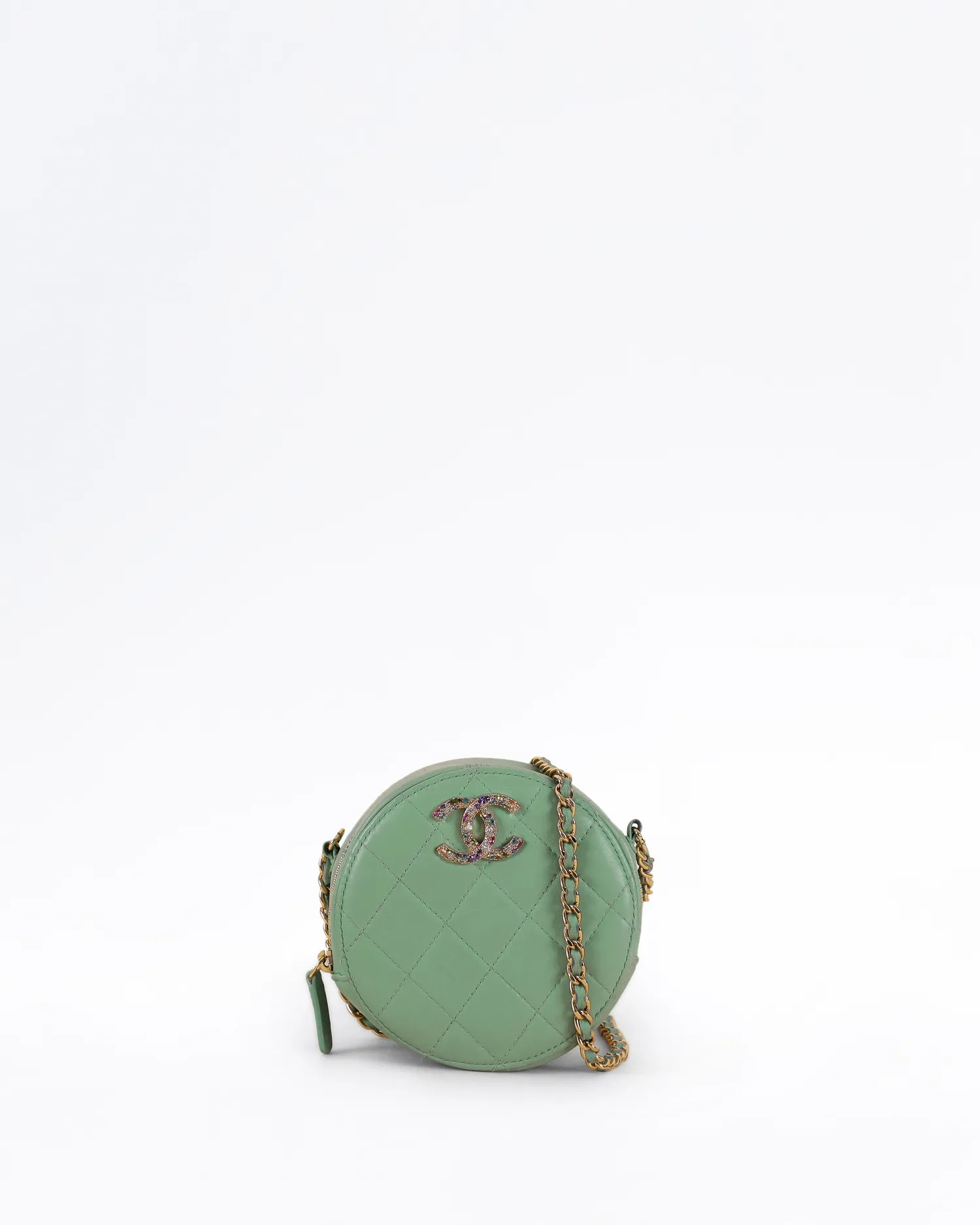 Lambskin Quilted Crystal CC Round Mini Pouch | Vivrelle