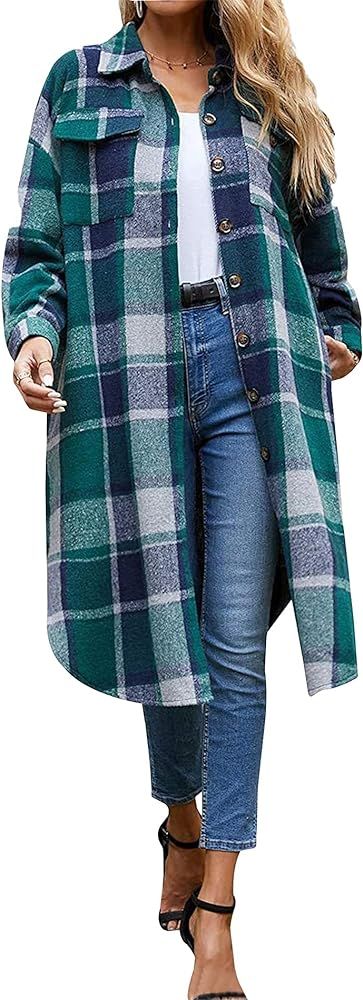 Songling Women's Casual Lapel Button Down Long Sleeve Flannel Plaid Shacket Long Shirt Jacket Sha... | Amazon (US)