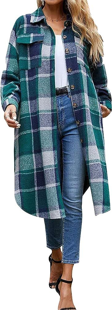 Songling Women's Casual Lapel Button Down Long Sleeve Flannel Plaid Shacket Long Shirt Jacket Sha... | Amazon (US)