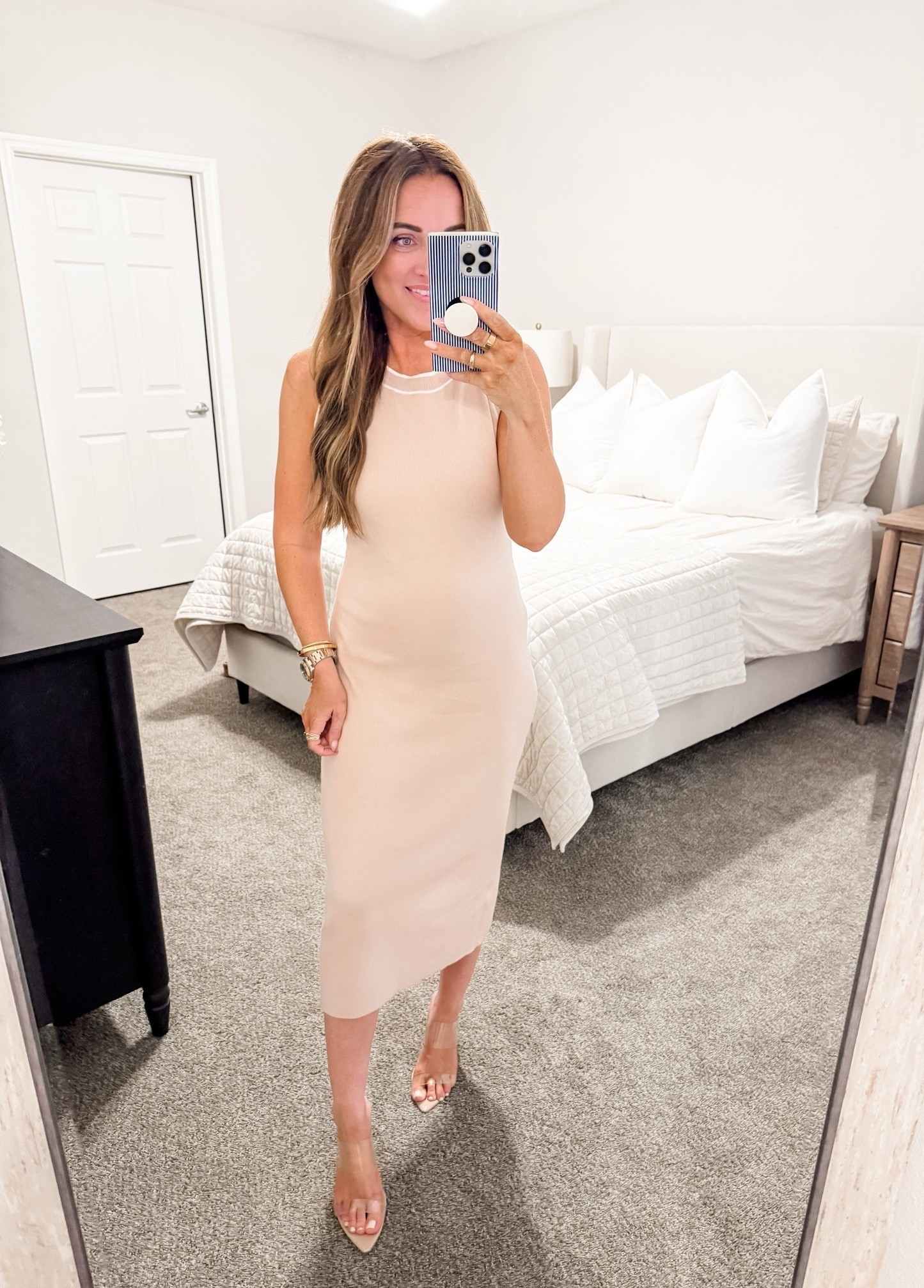 Dress - M (tts) 
5’2” 140 lbs 
— 
Amazon dress | Amazon sweater dress | Knit dress | High neck dress | Contrast trim | Neutral dress | Office attire