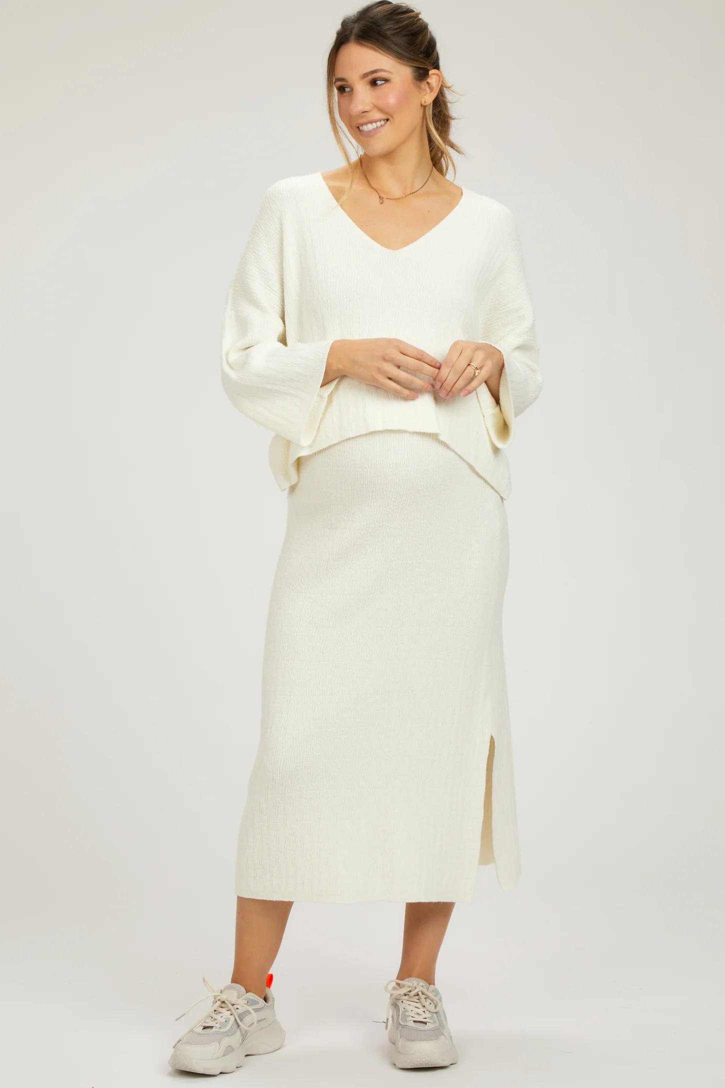 Cream V-Neck Knit Maternity Skirt Set | PinkBlush Maternity
