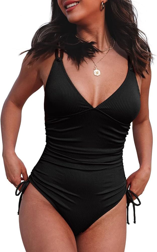 Aleumdr Women's V Neck One Piece Tummy Control Swimsuit Drawstring High Cut Bathing Suit Ribbed S... | Amazon (US)