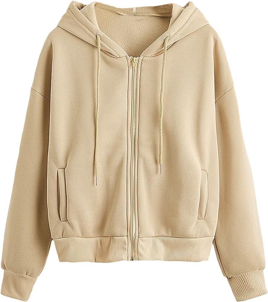 Verdusa Women's Zip Up Pocket Long Sleeve Drawstring Hooded Sweatshirt Jacket | Amazon (US)