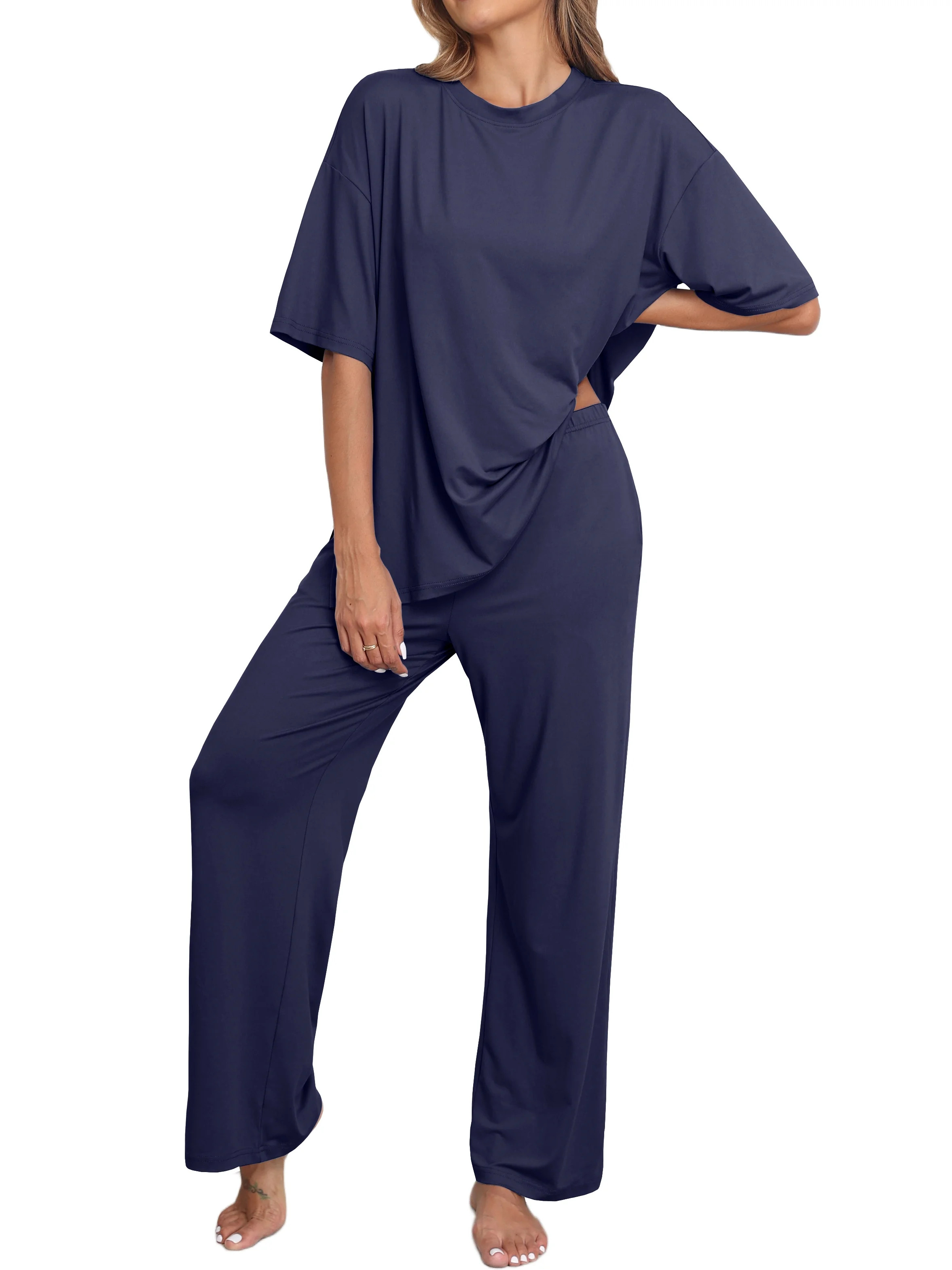 MINTREUS Lounge Sets for Women Knit Short Sleeve Tops and Long Pants Soft Comfy Pajamas Set Overs... | Walmart (US)