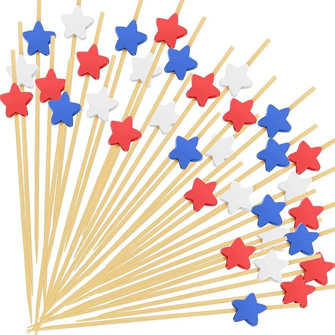 4th of July Cocktail Picks, Red White Blue Star Bamboo Toothpicks for Appetizers, 4.7 IN Patrioti... | Amazon (US)