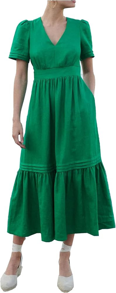 Women's Striped Cotton Linen Midi Dress V Neck Elastic Waist A Line Dress Casual Flowy Ruffle Dre... | Amazon (US)