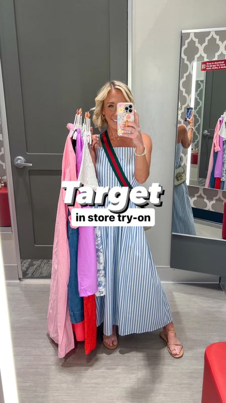 Target in store try-on & dresses are all 30% off!!
1. Red smocked top dress - size small. Has pocked and straps can be removed,
2. Pink slip dress - size XS.
3. Smocked tank - size small // a-line slip skirt - size XS. Also 30% off. 
4. Denim corset dress - size XS.
5. Linen shift dress - I tried on an xs bc that’s what they had, but I ordered a small (I tried on another color and liked them length of the small).
6 & 7. Pleated active dress - size small. Has built in bra & attached shorts.
• the heels are also Target AND 30% off!
* striped dress (from beginning) - size XS  

#LTKFindsUnder50 #LTKOver40 #LTKSaleAlert