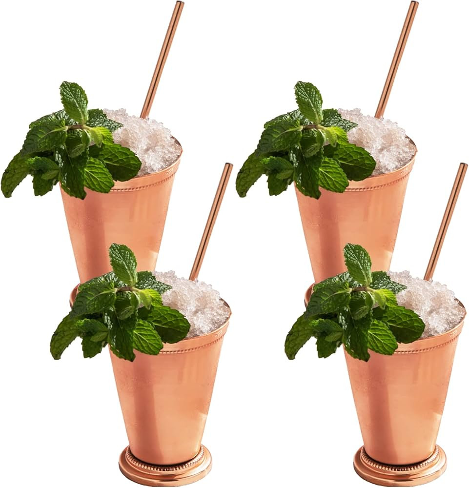 Mint Julep Cups Gift Set of 4, 12 oz. Copper Cups with 4 Drinking Straws Kentucky Derby Cups Prem... | Amazon (US)