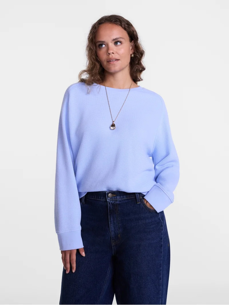 Scenario Women's Waffle Knit Crewneck Tee with Long Sleeves, Sizes XS-XXXL | Walmart (US)
