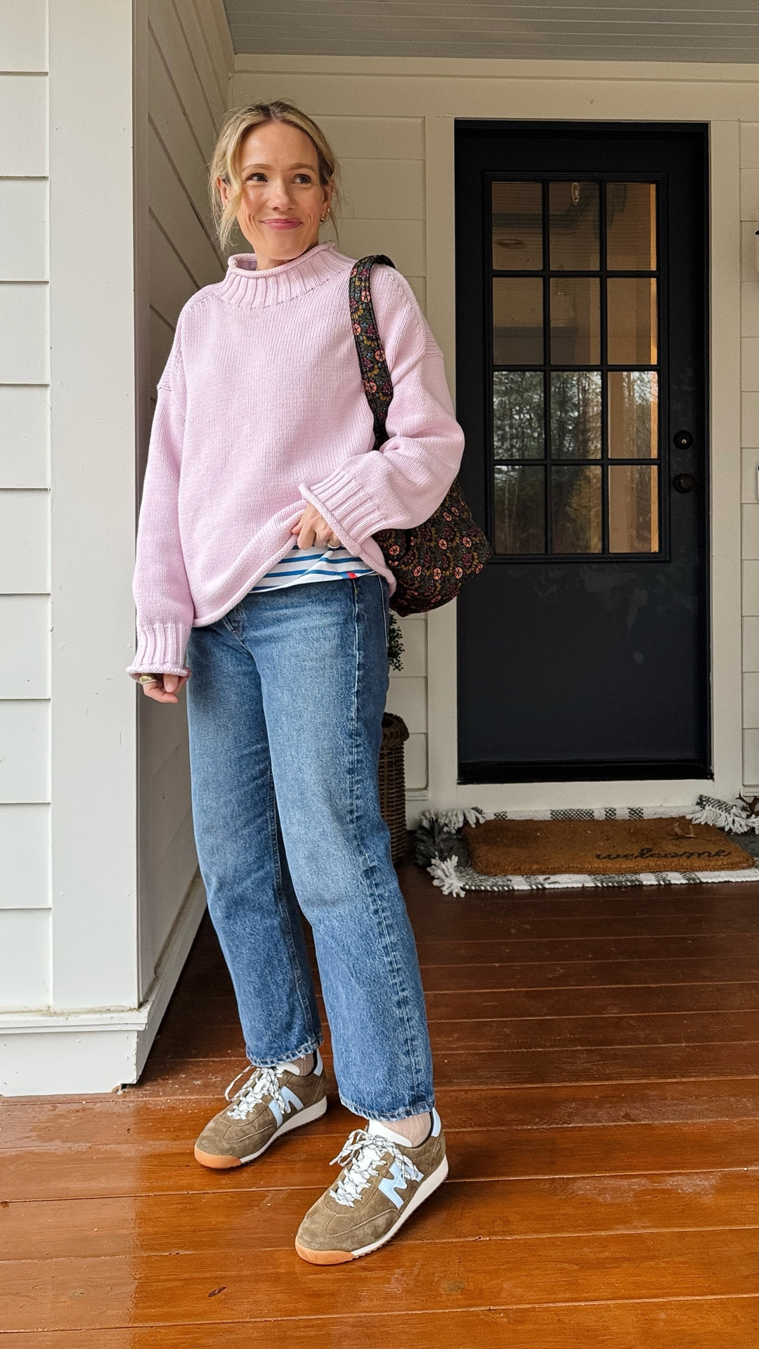 Agolde 90's crop denim jeans wearing my regular size (5'3), wash is essence ~ J.Crew rollneck sweater & Kule stripe tee wearing my regular size small ~ Clare V Le Sportif Tote bag (more colors) ~ Anthropologie x Karhu sneakers ~ neutral socks ~ EBY high waisted underwear sized up to medium ~ merit flush balm on cheeks lips in color LeBonBon ~ xo, Claire

#LTKOver40 #LTKootd #LTKgrwm
