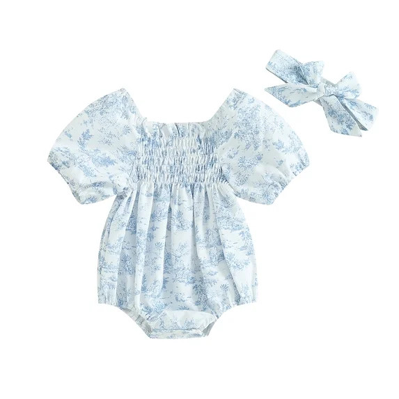 BemeyourBBs Newborn Baby Girls Summer Clothes Smocked Bubble Rompers Floral Print Ruched Puff Sle... | Walmart (US)