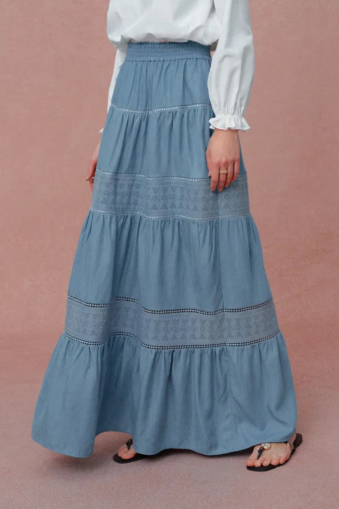 Oluka Tiered Openwork Maxi Skirt in Lightweight Denim | Fabrique