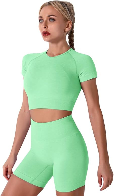 Women Seamless Yoga Outfits 2 Piece Workout Short Sleeve Crop Top with High Waisted Running Short... | Amazon (US)