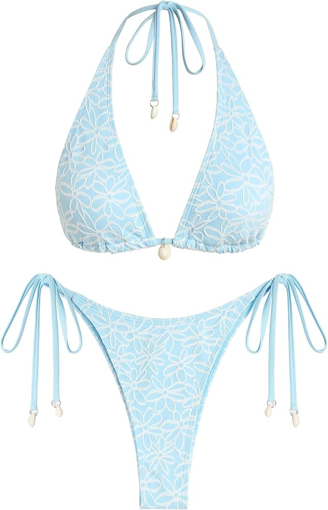 ZAFUL Women's Bikini Set Fishnet Triangle Tie Convertible Collar Halter Bandeau Shell Two Piece B... | Amazon (US)