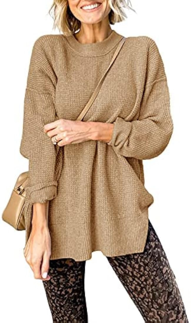 Popheartgo Womens Fall Sweater Crew Neck Long Sleeve Pullover Sweaters Oversized Waffle Knit Side Sp | Amazon (US)