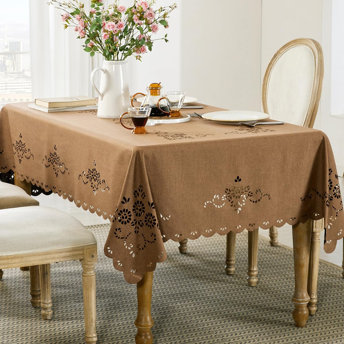 Wracra Macrame Waterproof Table Cloth, Farmhouse Linen Style Rectangle Table Cover, Wrinkle Resis... | Amazon (US)