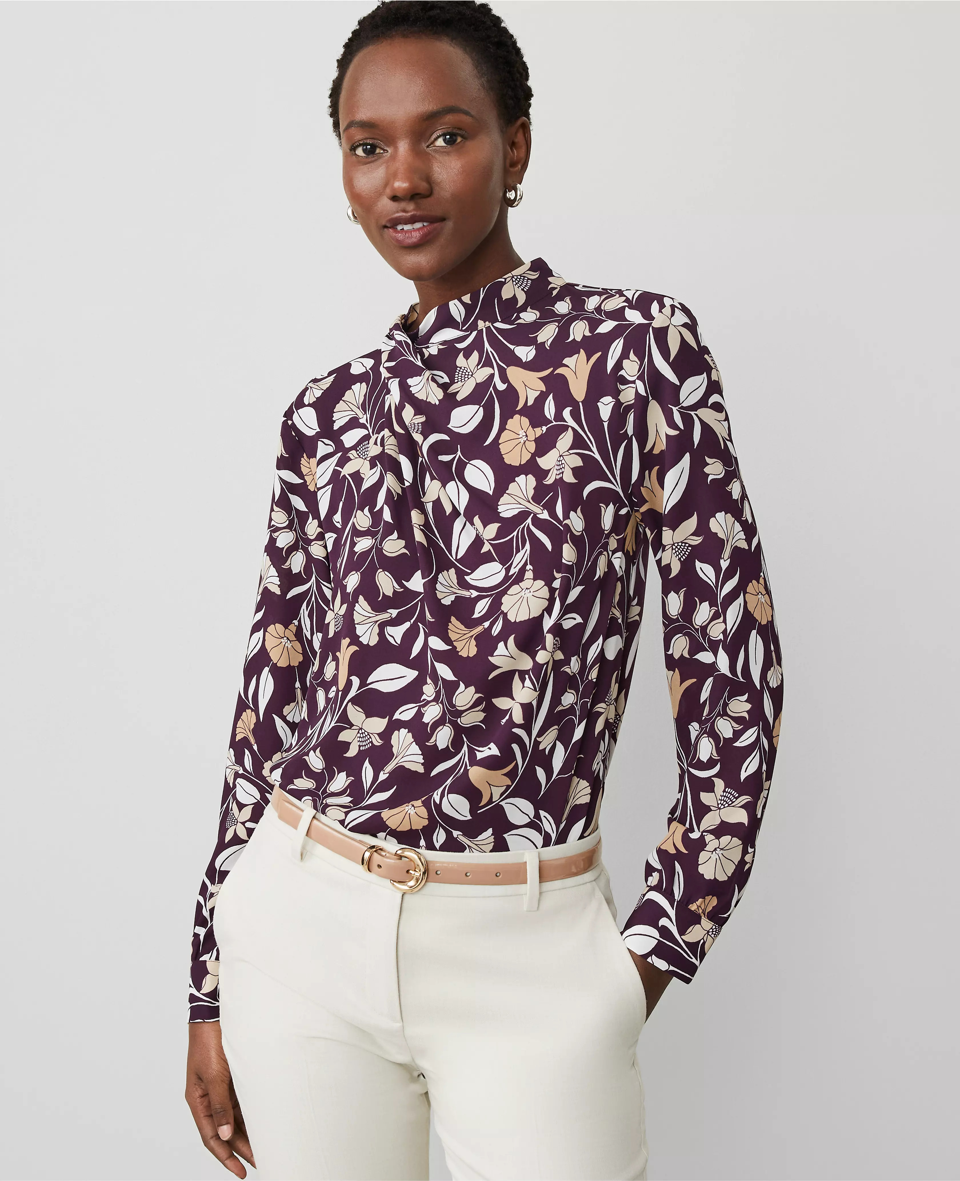 Floral Draped Mock Neck Top | Ann Taylor