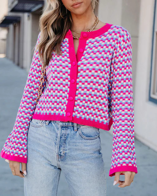 Dorinda Checkered Button Front Bell Sleeve Cardigan - FINAL SALE | VICI