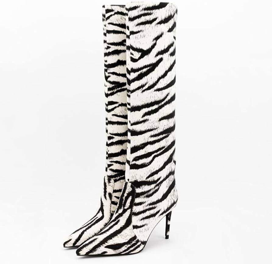 MMKJHNBHQ Women's Zebra Print Knee-Length high Leg Boot Stiletto Heel Printed Pointed-Toe Boots m... | Amazon (US)