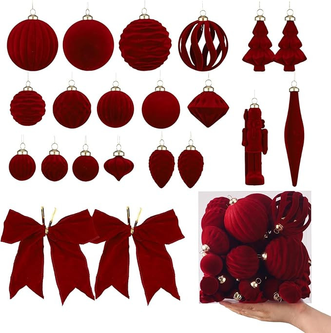 Velvet Christmas Ornaments 42pcs Shatterproof Burgundy Red Christmas Tree Ball Ornament for Vinta... | Amazon (US)