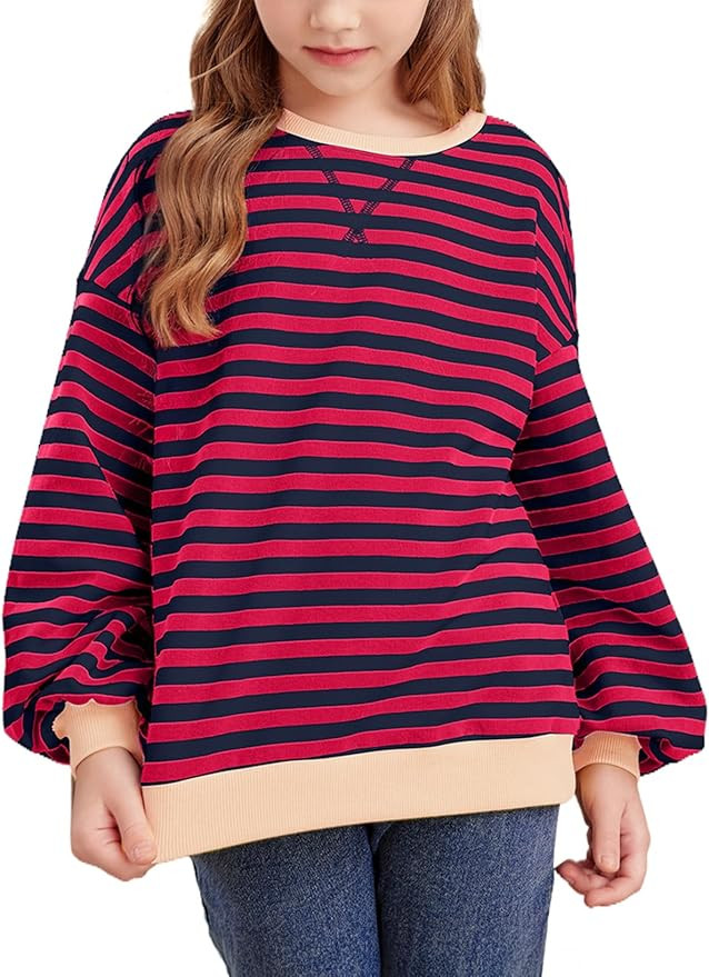 blibean Girls Cotton Long Sleeve Sweathirts Striped Color Block Tops Size 6-15 Years | Amazon (US)