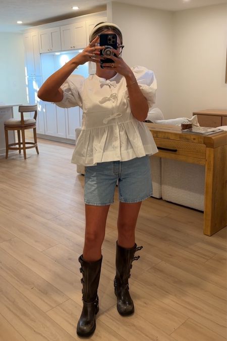 I’m wearing size small in the blouse and size 25 in the jean shorts (sized up) - size 7 in the boots which is true to size for me! 

#LTKfindsunder100 #LTKfindsunder50 #LTKstyletip