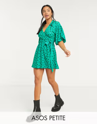 ASOS DESIGN Petite mini dress with collar detail and puff sleeve in green polka dot print | ASOS (Global)