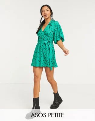 ASOS DESIGN Petite mini dress with collar detail and puff sleeve in green polka dot print | ASOS (Global)
