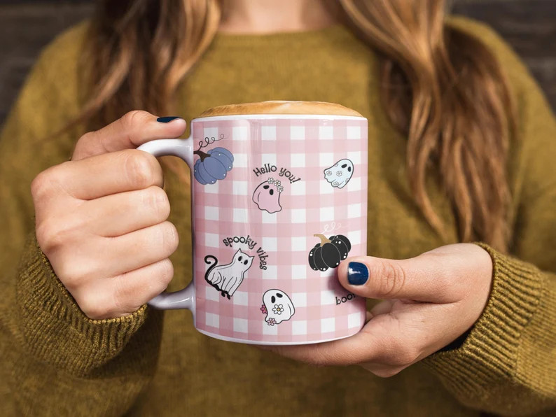 Gingham Pink Halloween Ghosts Mug Spooky Ghost Mug Aesthetic Cute Pink Pumpkin Mug Gift For Her | Etsy (US)