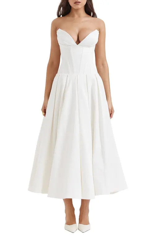 HOUSE OF CB Lady Strapless Midi Dress in White at Nordstrom, Size Large A | Nordstrom