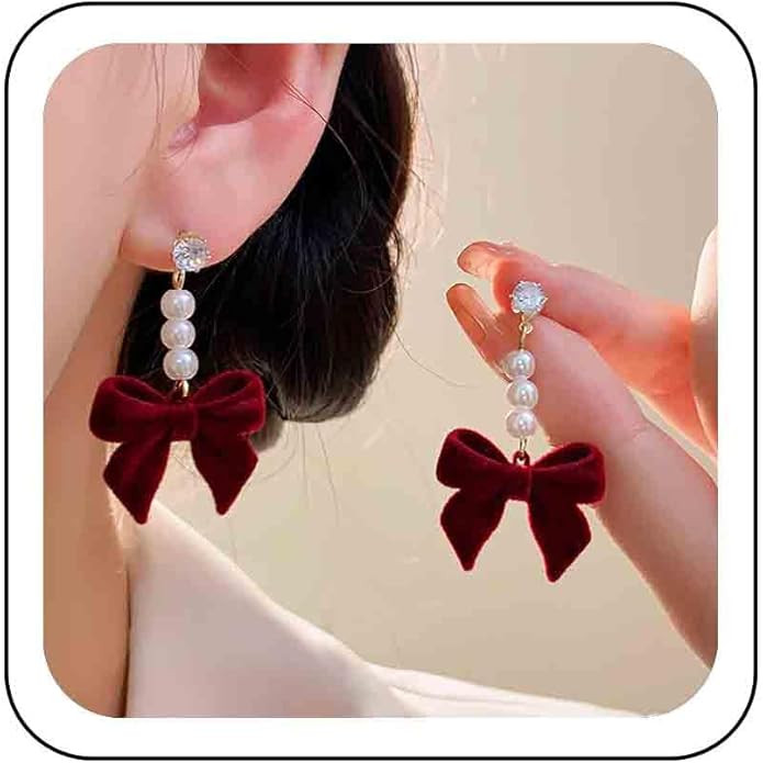 Pearl Bow Dangle Earrings Red Velvet Bow Earrings Rhinestone Pearl Drop Earrings Gold Crystal Stu... | Amazon (US)