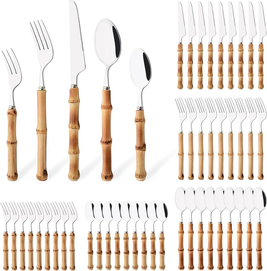 50PCS Silverware Set for 10, Bamboo Handle Flatware Set, Stainless Steel Cutlery Set for Home Res... | Amazon (US)