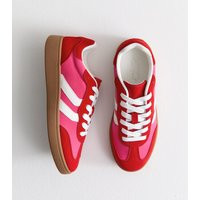 Women's Red Faux Suede Panelled Contrast Trim Trainers Vegan New Look | New Look (UK)