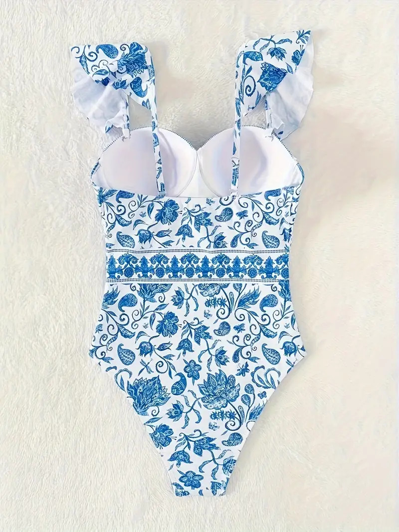 Floral Pattern   Swimsuit Lettuce Trim V Neck High - Temu | Temu Affiliate Program