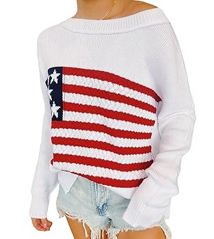 Adoeren Women American Flag Sweater Vintage Long Sleeve Crewneck Knitted Jumper Oversized Aesthet... | Amazon (US)