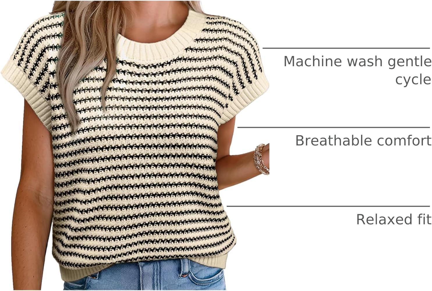 EVALESS Womens Cap Sleeve Sweater Vest Crew Neck Striped Tank Top Lightweight Knit Ribbed Casual ... | Amazon (US)