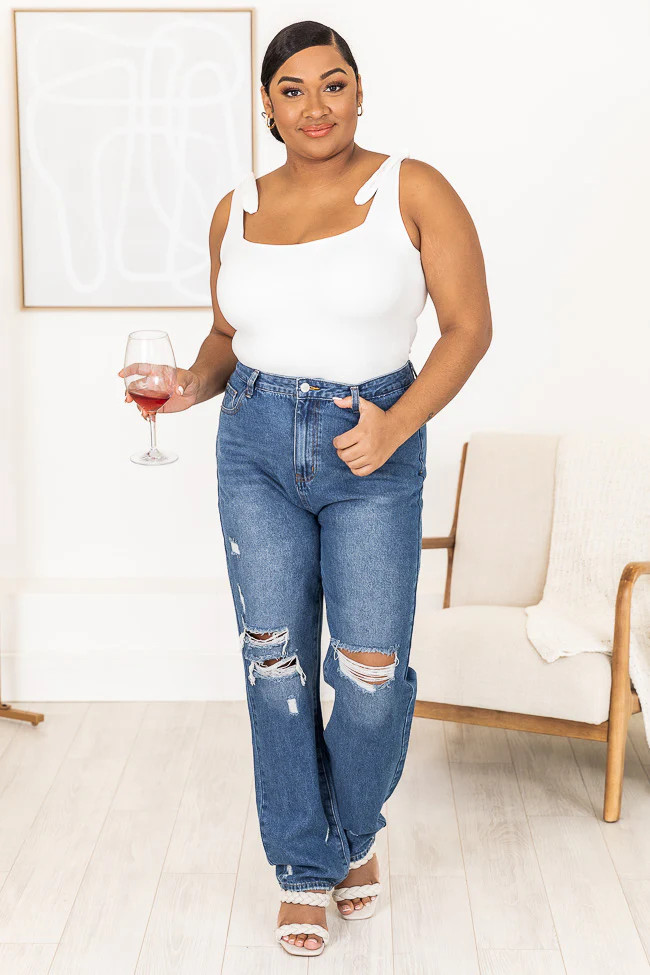 Keeley Dark Wash Distressed Straight Leg Jeans | Pink Lily