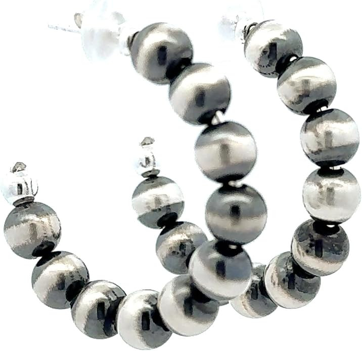 Chunky Sterling Silver Navajo Pearl Style Hoop Earrings for Women, Small Medium or Large - Beaded... | Amazon (US)