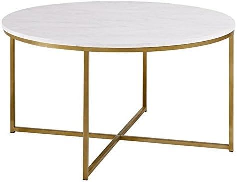 Walker Edison Modern Glam Round Accent Faux White Marble Coffee Table with Gold X-Base, 36 Inch | Amazon (US)