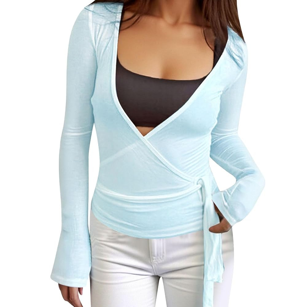 Women Wrap Tie Top Y2K Long Sleeve Ballet Workout Yoga Shirt Coquette Blouses Slim Fit Cover Up D... | Amazon (US)