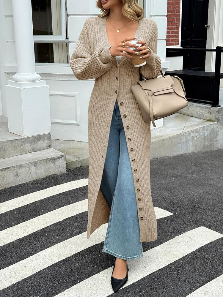 Saodimallsu Womens Long Cardigans V Neck Button Down Chunky Knit Dusters Sweater Coat Fall Trendy... | Amazon (US)