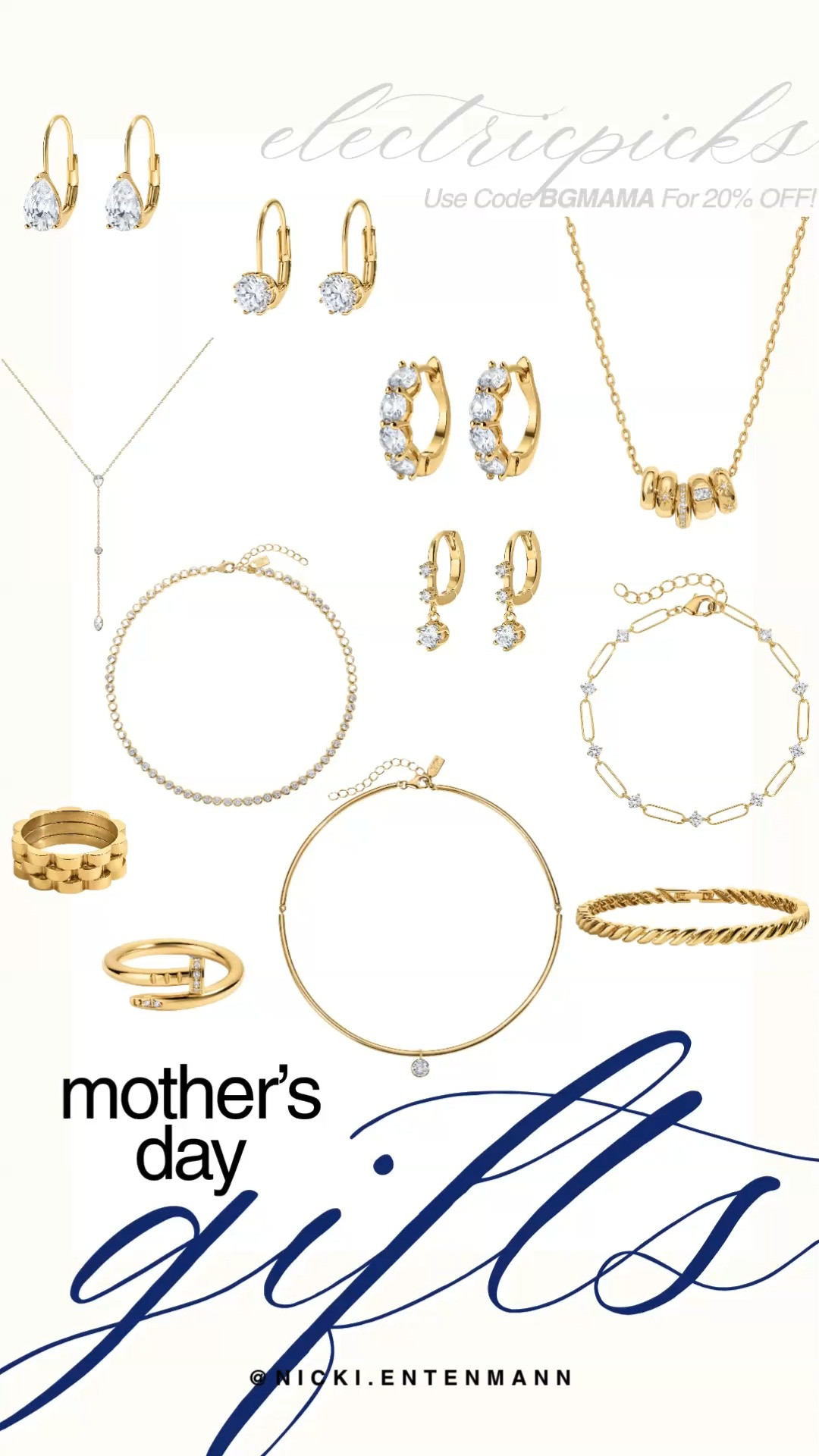 Give the gift of everyday luxury this Mother’s Day with these timeless gold pieces from Electric Picks. From delicate tennis necklaces and sparkling drop earrings to the perfect "Mama" bracelet, their collection is full of stunning options that she will wear and love for years.

Shop the full Mother’s Day gift guide now and use code BGMAMA for 20% OFF!

#electricpicks #jewelryaddict #goldjewelry #mothersdaygift #jewelrystack #salealert #springstyle #momstyle #accessorize #giftideas 

 #LTKMothersDay #LTKmomlife #LTKSaleAlert