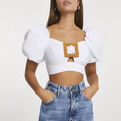 White buckle front puff sleeve crop top | River Island (UK & IE)
