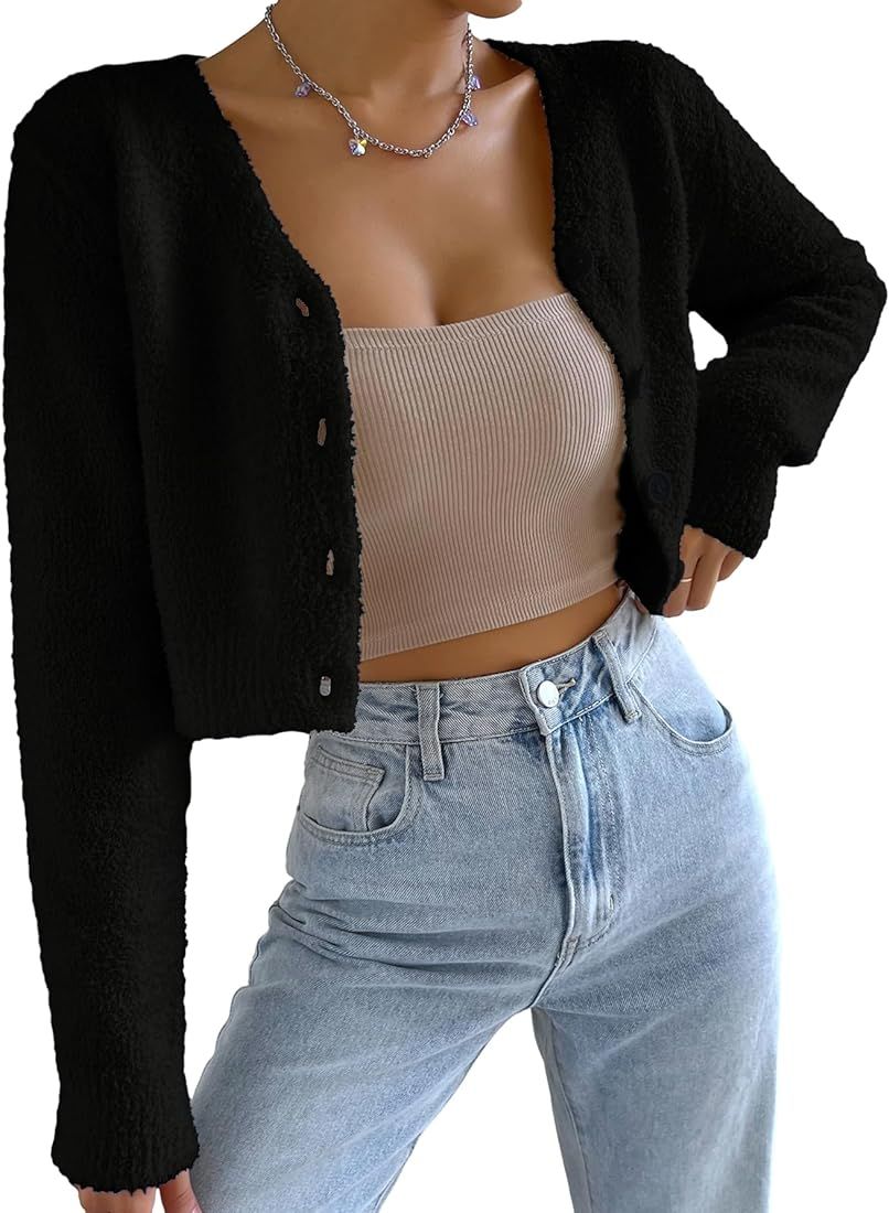 SweatyRocks Women's Long Sleeve V Neck Sweater Crop Top Button Front Fuzzy Knit Cardigan | Amazon (US)