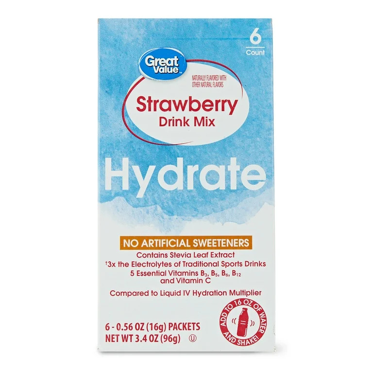 Great Value Strawberry Hydration Powdered Liquid Drink Mix, 0.56 oz, 6 Packets - Walmart.com | Walmart (US)