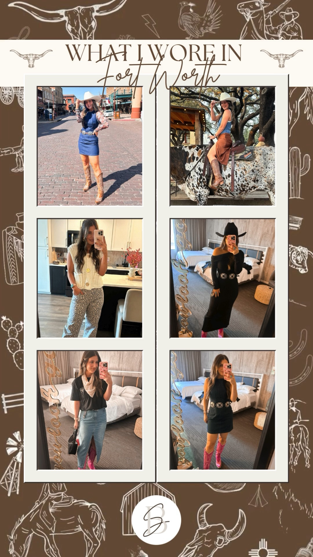 Fort Worth Texas outside. 
Top left- S in top and dress
Center left: S in top and xs in pants (would stick tts)
Bottom left: L in tee, S in skirt
Top right: S in top and bottom
Center right: S in dress
Bottom right: S in dress
Country style, western wear. 

#LTKFindsUnder100 #LTKFindsUnder50 #LTKStyleTip