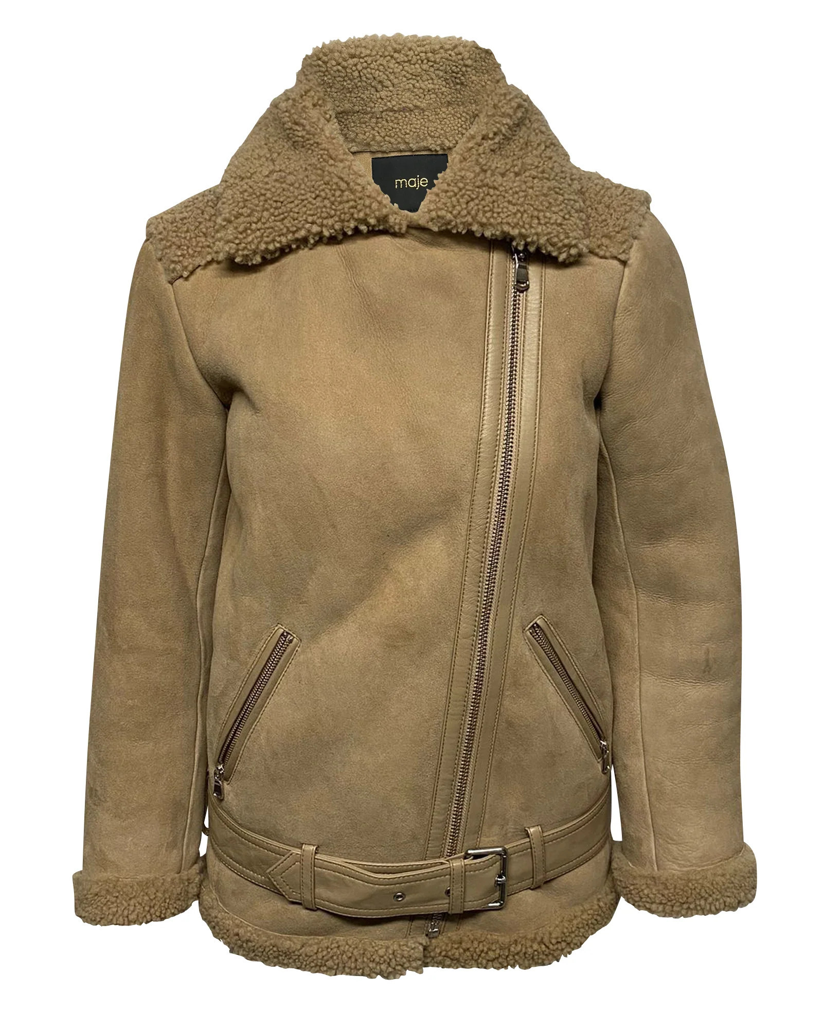 Maje Gombery Shearling Jacket in Beige Suede | Shop Simon